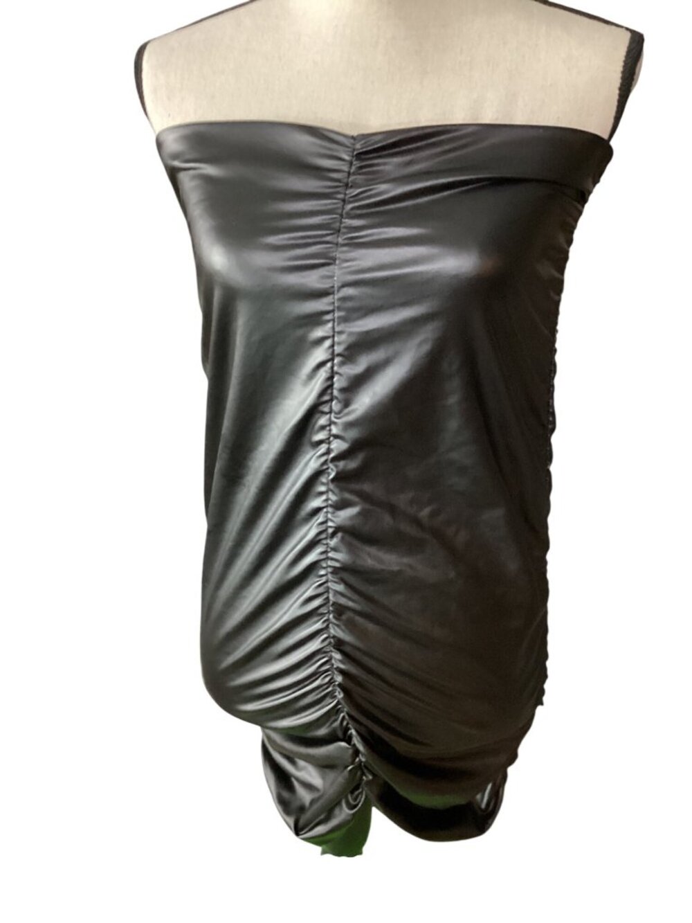 Strapless Ruched Black Faux Leather Mini Dress*Leyvas*L*Halloween*Cosplay*Femboy